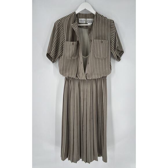 Vintage Liz Roberts Shirt Dress Womens Small Beige White Striped Ruffle Casual - Picture 2 of 16